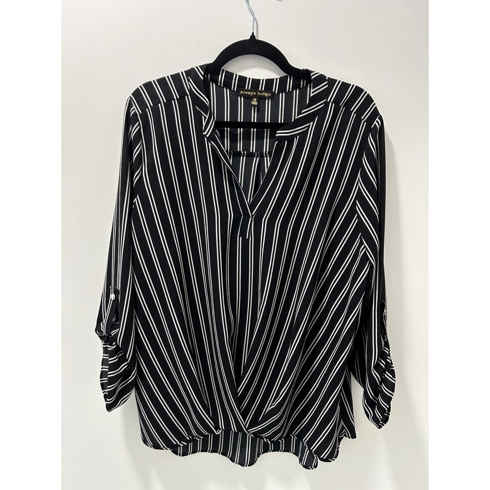 Always Indigo Womens 2X Black White Striped Roll Tab Surplice Blouse XUDS11321